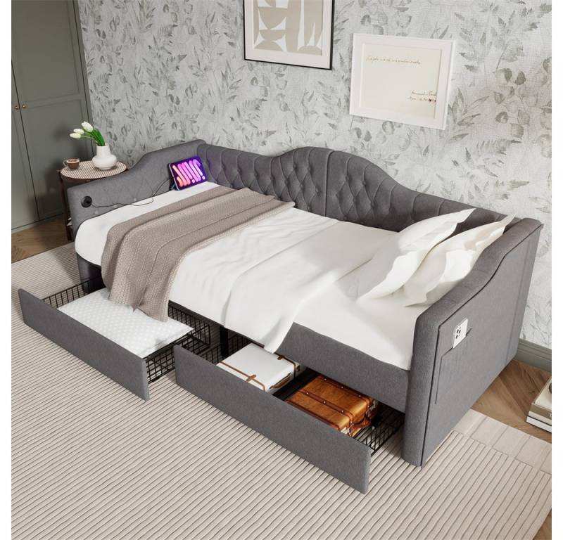 autolock Polsterbett Polsterbett Daybett Schlafsofa Stauraumbetten Bettgestell mit, USB Type C Ladefunktion und 2 Schubladen 90x200cm in Grau Linen von autolock