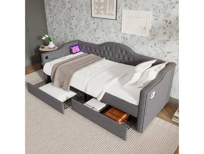 autolock Polsterbett Polsterbett Daybett Schlafsofa Stauraumbetten Bettgestell mit, USB Type C Ladefunktion und 2 Schubladen 90x200cm in Grau Linen von autolock