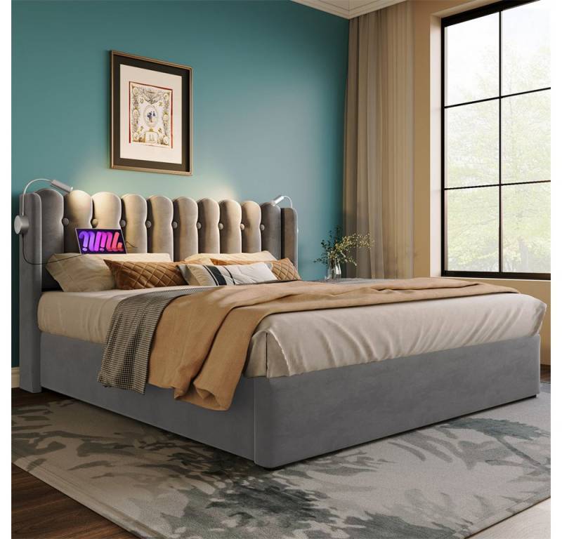 autolock Polsterbett Polsterbett Doppelbett Leselicht mit Ladefunktion Kopfteil, Stauraum Bettgestell Samt Jugendbett 140x200 mit lattenrost von autolock