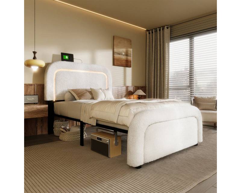 autolock Polsterbett Polsterbett mit USB Typ C Ladefunktion LED-Beleuchtung, Einzelbett Bettgestell Höhenverstellbarem Kopfteil 90x200cm von autolock