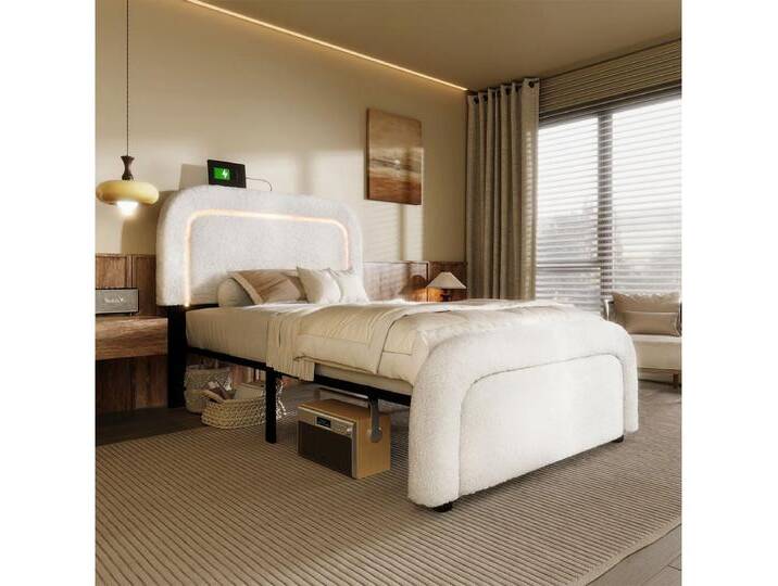 autolock Polsterbett Polsterbett mit USB Typ C Ladefunktion LED-Beleuchtung, Einzelbett Bettgestell Höhenverstellbarem Kopfteil 90x200cm von autolock