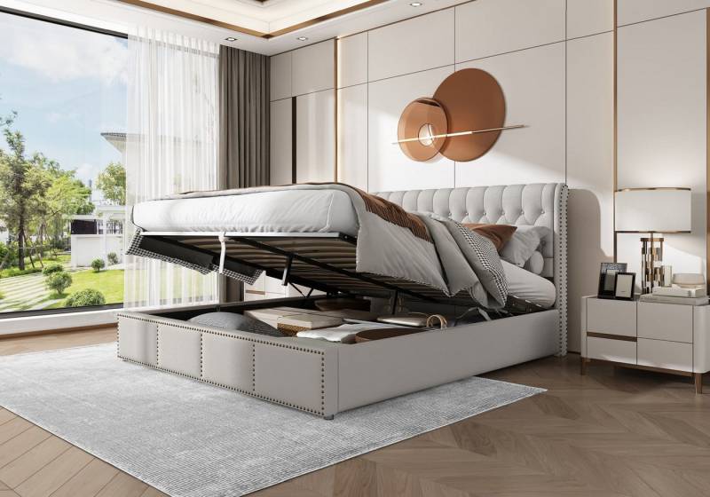 autolock Polsterbett hydraulisches Doppelbett Stauraumbett Baumwolle-Leinen (160 × 200 cm Ohne Matratze), Nietenverzierung Continentalbett für Schlafzimmer von autolock