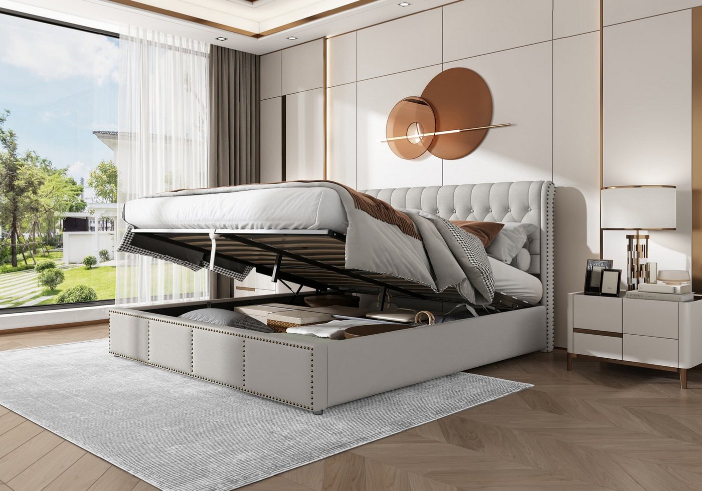 autolock Polsterbett hydraulisches Doppelbett Stauraumbett Baumwolle-Leinen (180 x 200 cm ohne Matratze), Nietenverzierung Continentalbett für Schlafzimmer von autolock