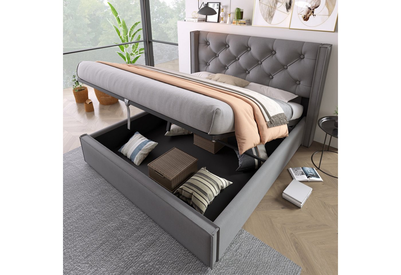 autolock Polsterbett hydraulisches Doppelbett Stauraumbett Bettgestell mit Lattenrost (160x200cm Keine Matratze), Modernes Bett Continentalbett mit Stauraum, Baumwolle, Grau von autolock