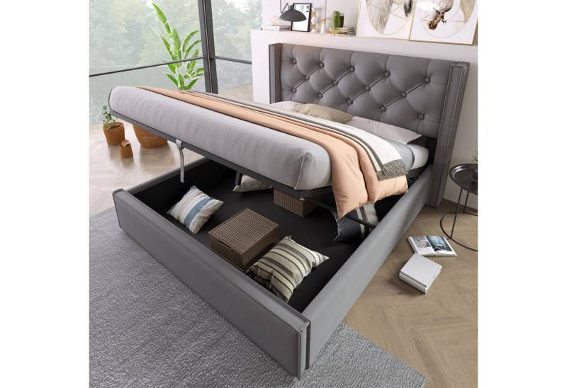 autolock Polsterbett hydraulisches Doppelbett Stauraumbett Bettgestell mit Lattenrost (160x200cm Keine Matratze), Modernes Bett Continentalbett mit Stauraum, Baumwolle, Grau von autolock
