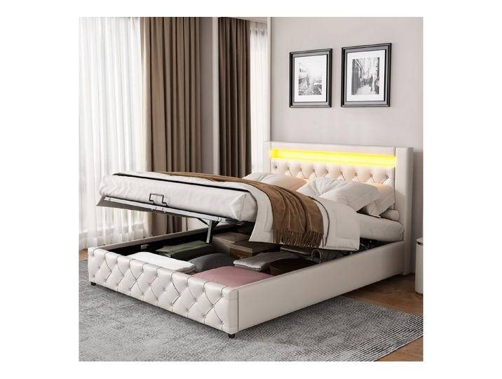 autolock Polsterbett hydraulisches Doppelbett Stauraumbett mit LED-Beleuchtung Lattenrost (160×200 cm), Continentalbett Funktionsbett PU, weiß von autolock