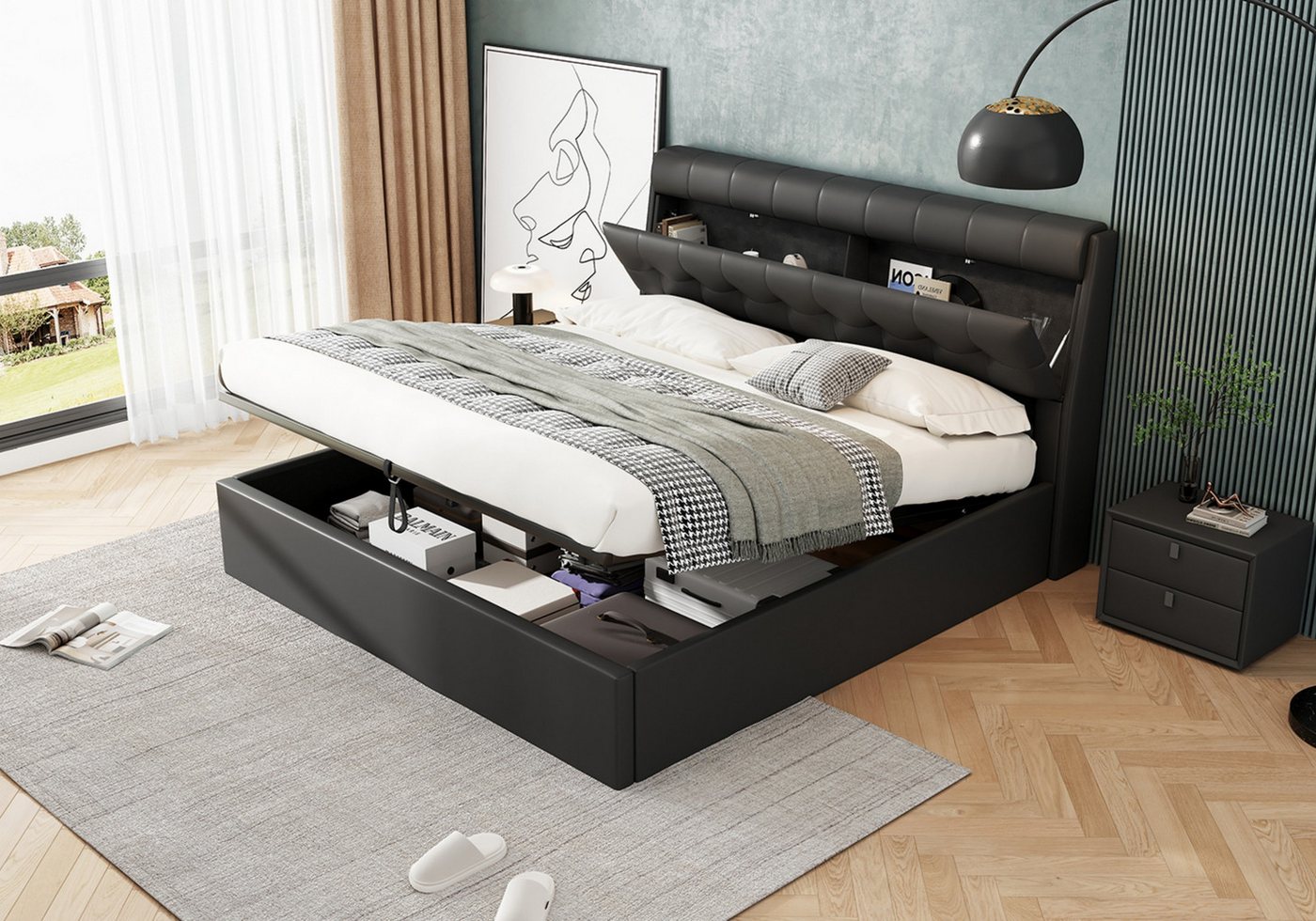 autolock Polsterbett hydraulisches Doppelbett Stauraumbett mit Lattenrost & Kopfteil (ohne Matratze 140*200 cm), Bettgestell mit Bettkastenablage, verdeckte Kopfteilablage, Schwarz von autolock