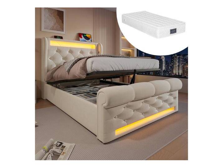 autolock Polsterbett hydraulisches Einzelbett 90x200cm mit LED-Leuchten (USB- & Typ-C-Anschlüssen), Stauraumbett Continentalbett Kinderbett Jugendbett von autolock