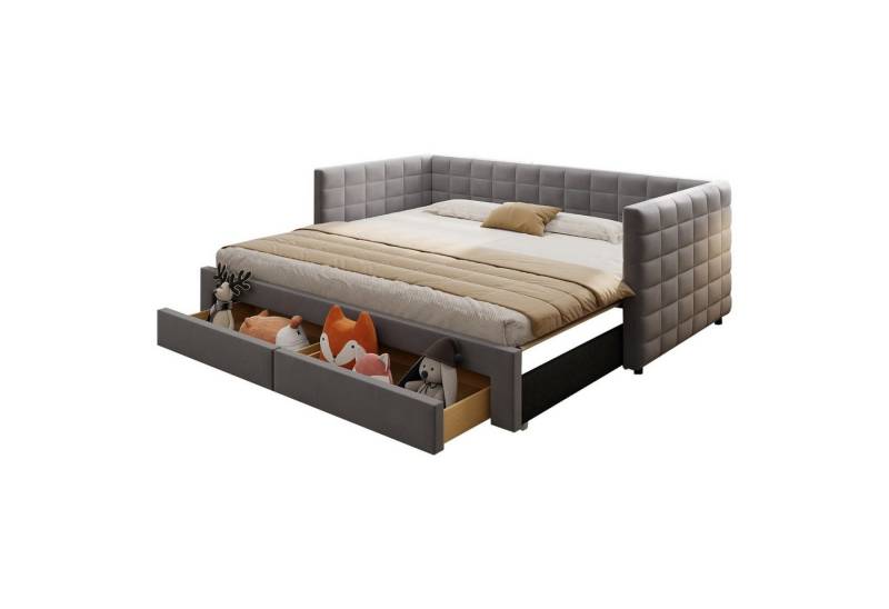 autolock Schlafsofa Polsterbett 3-in-1 Ausziehbar Schlafsofa,Massivholzsbett mit Schublade, umbaubar in Einzel-/Doppelbett mit Lattenrost, Baumwolle und Leinen von autolock