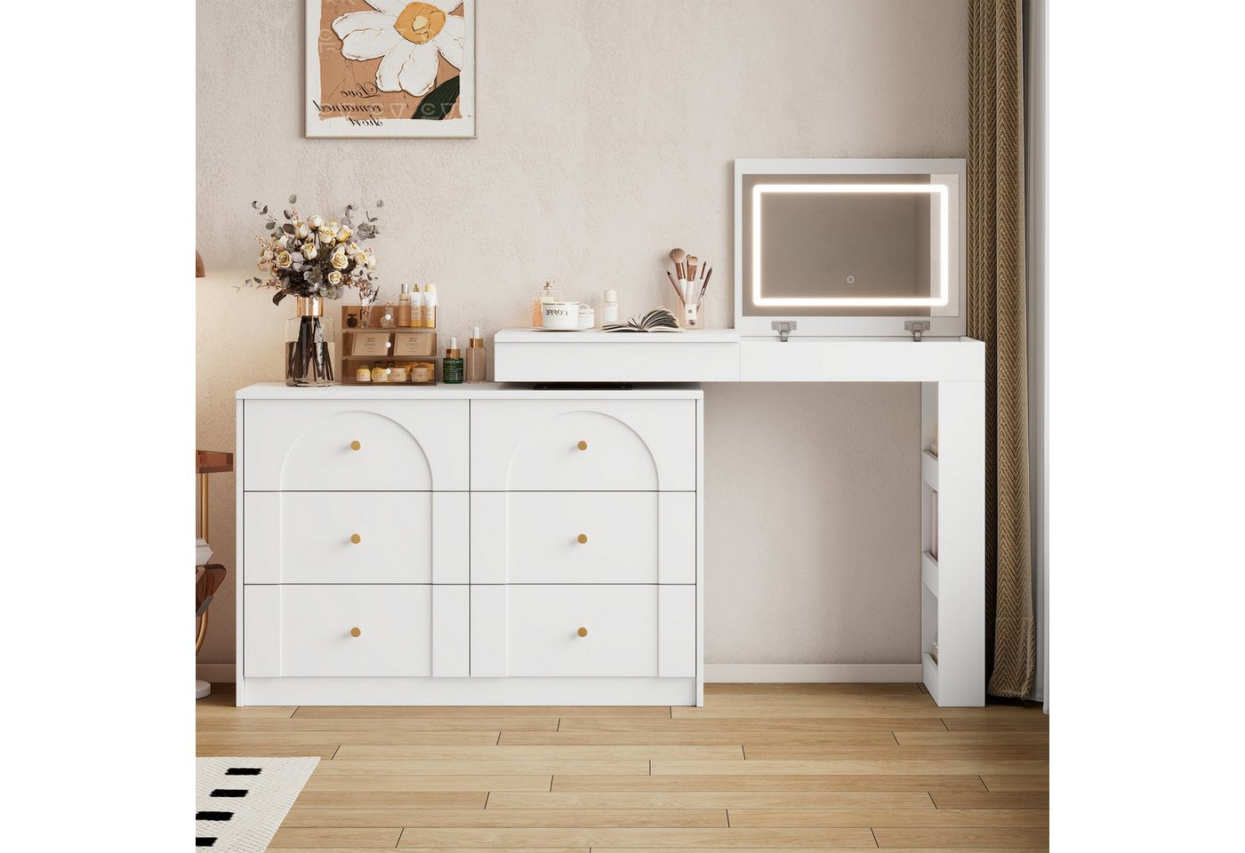 autolock Schminktisch Drehbarer Schminktisch Kosmetikbereich mit Spiegel LED-Beleuchtung (105×40×80 cm), Frisiertisch,Bürotisch,Kosmetikaufbewahrung, weiß, Modernes Design von autolock