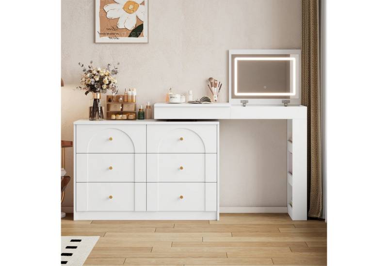 autolock Schminktisch Drehbarer Schminktisch Kosmetikbereich mit Spiegel LED-Beleuchtung (105×40×80 cm), Frisiertisch,Bürotisch,Kosmetikaufbewahrung, weiß, Modernes Design von autolock