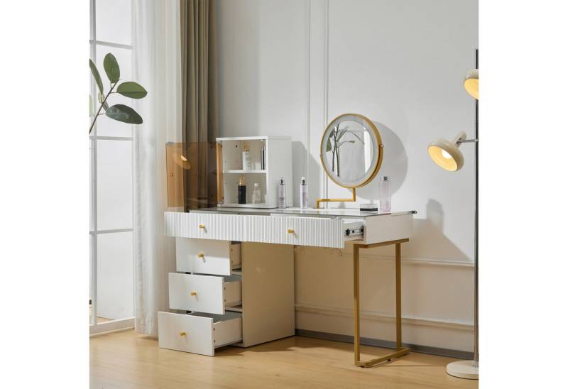 autolock Schminktisch Schminktisch-Set LED-beleuchtetem Spiegel, transparenter Tischplatte (120 x 45 x 115 cm ohne Hocker, Tischplatte aus gehärtetem Glas), Schminktisch-Seite, Frisiertisch, Schrank für Schlafzimmer, weiß von autolock