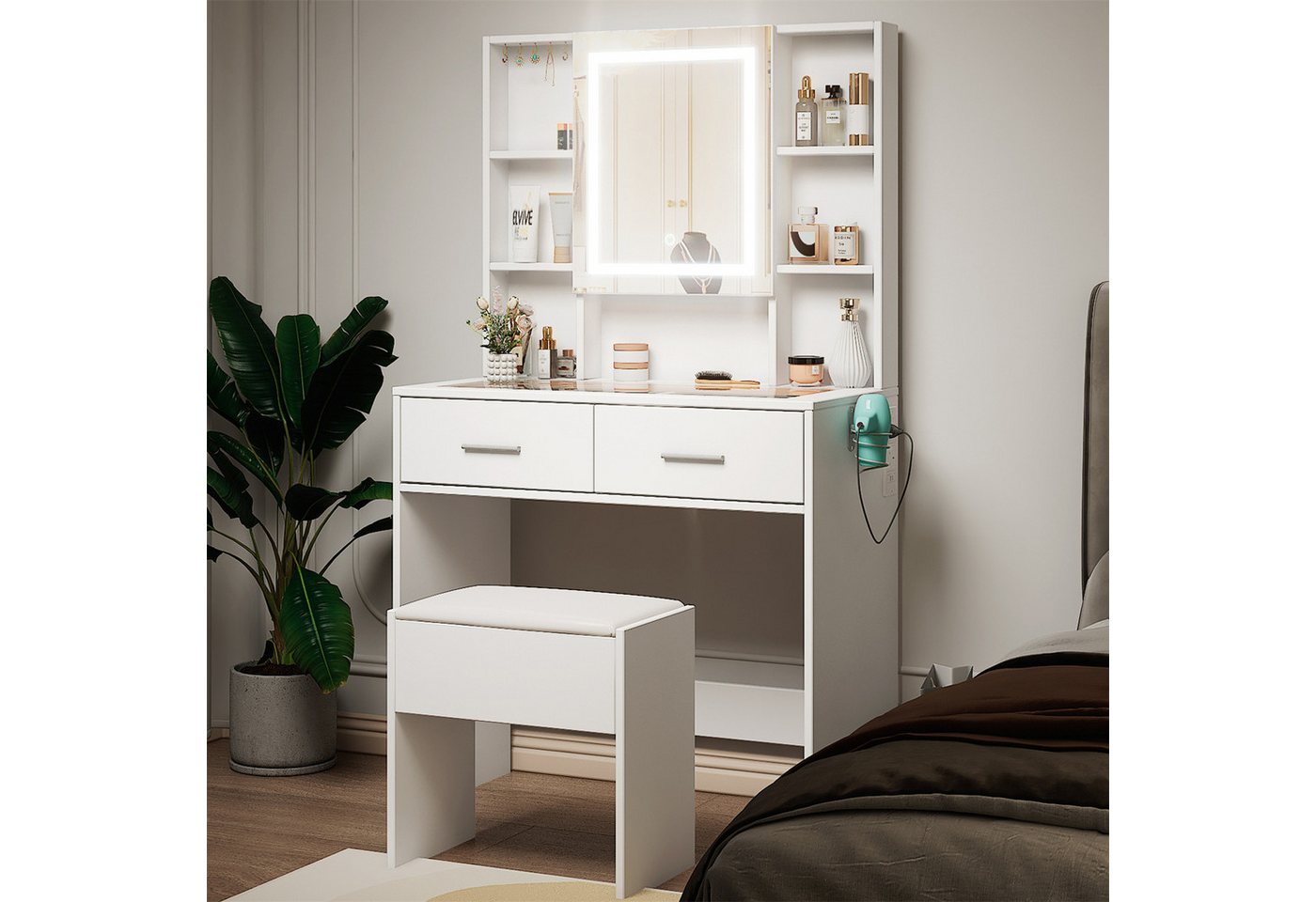 autolock Schminktisch Schminktisch mit LED-Beleuchtung, 3 Farben, 2 Schubladen, weiß von autolock
