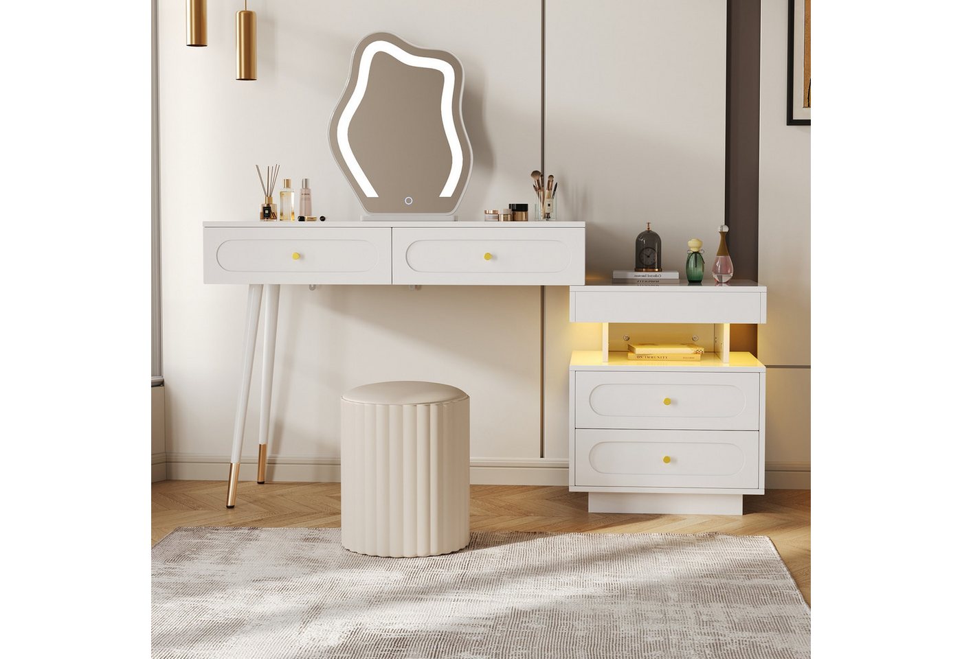 autolock Schminktisch Schminktisch mit LED-Spiegel, Beleuchtung, 4 Schubladen & offenes Fach (140x40x130 cm), Kosmetiktisch Frisiertisch für Wohn- und Schlafzimmer, Weiß von autolock