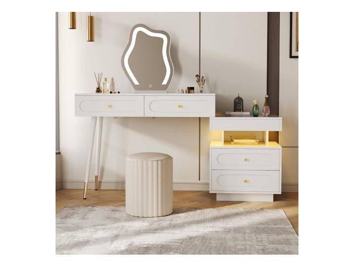 autolock Schminktisch Schminktisch mit LED-Spiegel, Beleuchtung, 4 Schubladen & offenes Fach (140x40x130 cm), Kosmetiktisch Frisiertisch für Wohn- und Schlafzimmer von autolock