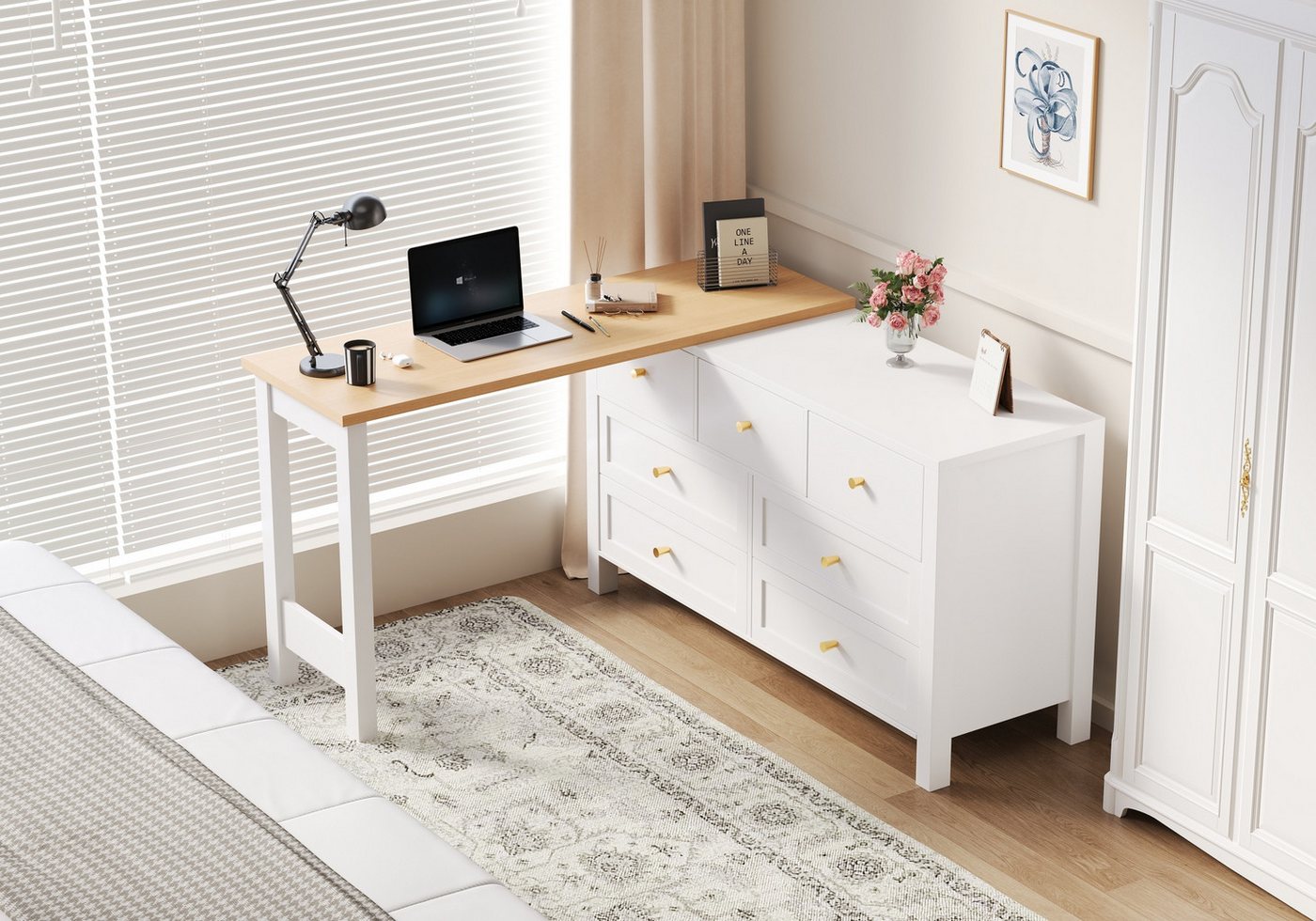 autolock Schreibtisch 2-in-1 L-förmiger Eskschreibtisch Kommode mit 360°Drehwerkbank (120 × 40 × 70 cm), Frisiertisch Sideboard in Eichenoptik mit 7-Schubladen, weiß / natur von autolock