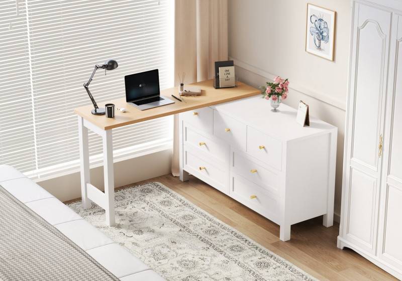 autolock Schreibtisch 2-in-1 L-förmiger Eskschreibtisch Kommode mit 360°Drehwerkbank (120 × 40 × 70 cm), Frisiertisch Sideboard in Eichenoptik mit 7-Schubladen, weiß / natur von autolock