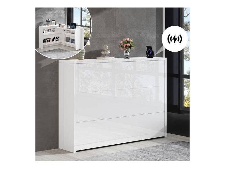 autolock Schreibtisch Faltbarer Schreibtisch Sideboard mit Rollen & Wireless Charger (115×27×93 cm), Hochglanz 2-in-1 Arbeitsplatz mit Anti-Kipp für kleine Wohnungen von autolock