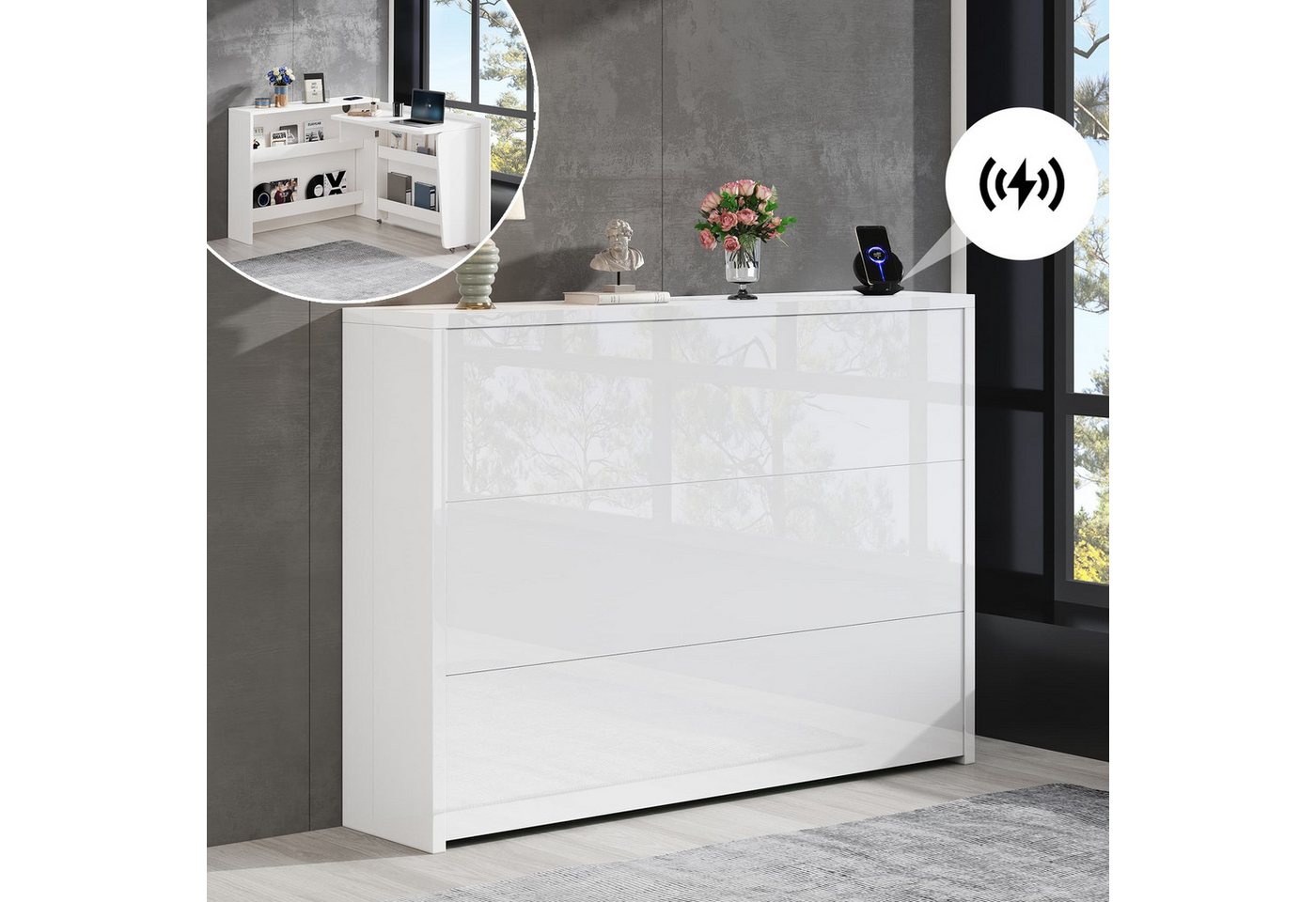 autolock Schreibtisch Faltbarer Schreibtisch Sideboard mit Rollen & Wireless Charger (115×27×93 cm), Weiß Hochglanz 2-in-1 Arbeitsplatz mit Anti-Kipp für kleine Wohnungen von autolock