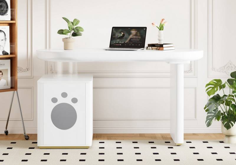 autolock Schreibtisch Schreibtisch Bürotisch Computertisch mit Haustierbett 5 cm dicke Beine (117 × 50 × 76 cm, Haustiergrößen M–XL), Tisch abgerundete Kurven weißer französischer Stil für Schlafzimmer von autolock