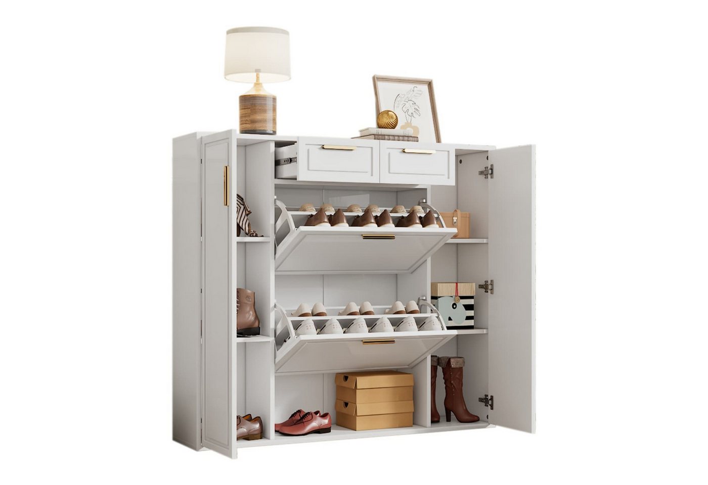 autolock Schuhbank Moderne Schuhschrank, mit verstellbaren Regalen, goldenen Griffen, 2 Schubladen,Klappschuhschrank und 2 Türen,B120/D24/H107 CM autolock Schuhbank Moderne Schuhschrank, mit verstellbaren Regalen, goldenen Griffen, 2 Schubladen,Klappschuhschrank und 2 Türen,B120/D24/H107 CM von autolock