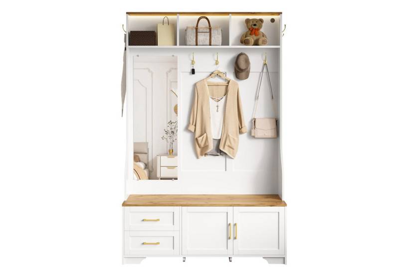 autolock Schuhschrank Multifunktionaler Flur/Schuhschrank mit LED-Beleuchtung,Spiegel,Haken Moderner Garderobenschrank mit Schubladen,Stauraum und Sitzfläche von autolock