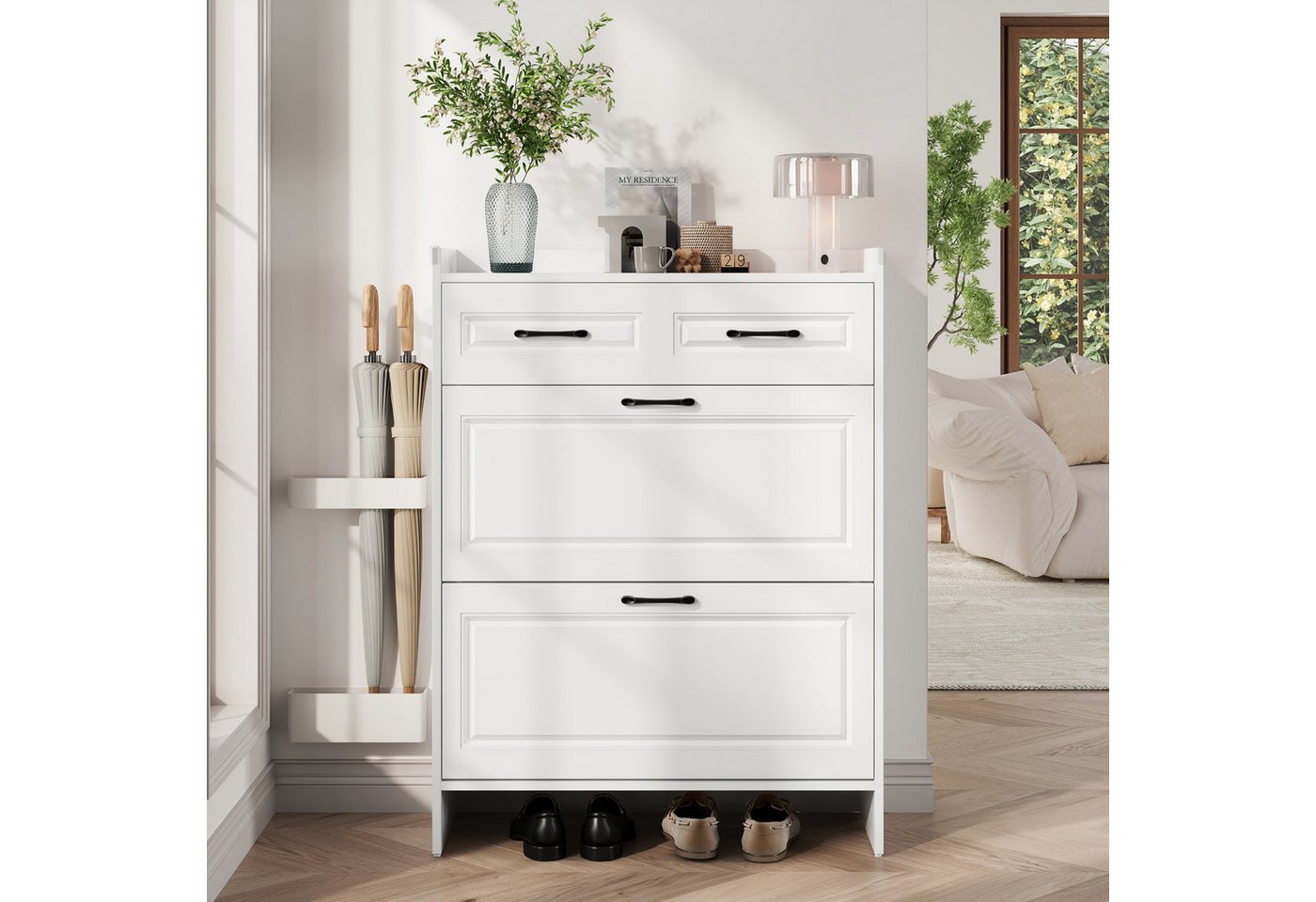 autolock Schuhschrank Schuhkipper Schuhregal Schuhschränke mit 4 Fächern und 1 Schublade (80 x 34 x 107,5 cm) Klappschuhschrank Schuhhochschränke für Flur Eingangsbereich, weiß von autolock