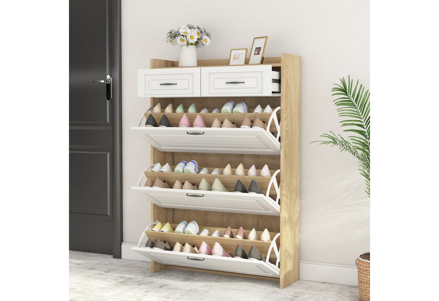 autolock Schuhschrank Schuhkommode mit 3 großen Klappen & 2 Schubladen (B80×T23,5×H125 cm) Drehbares Schuhregal aus Holz für Flur oder Wohnzimmer von autolock