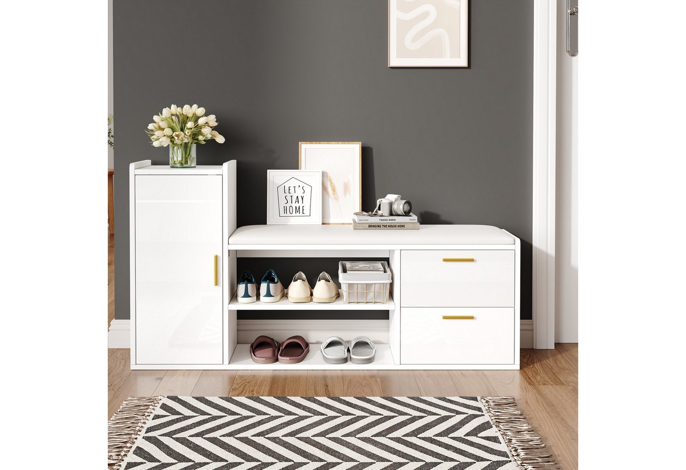 autolock Schuhschrank Schuhregal Schuhkommode Hochglanz mit Sitzbank 2 Schubladen 1 Schrank (128*30*68 cm) Schuhbänke mit gepolsterter, Stauraum für Wohnzimmer, Flur, weiß von autolock