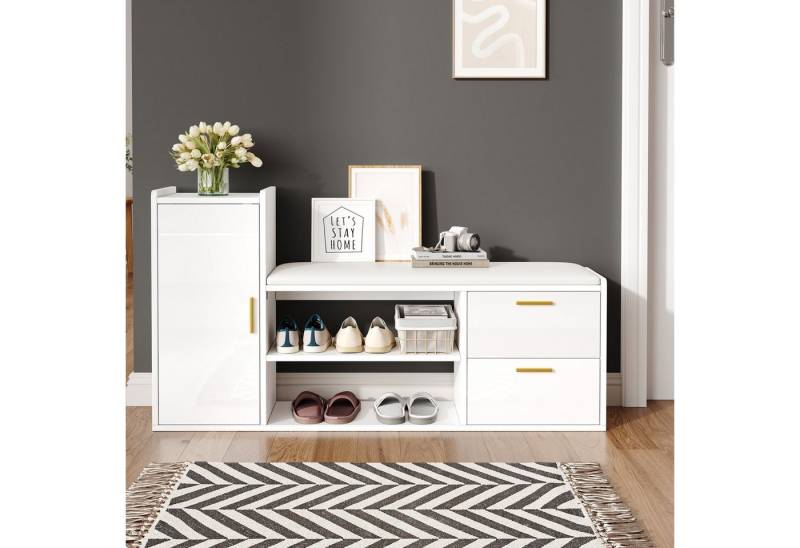 autolock Schuhschrank Schuhregal Schuhkommode Hochglanz mit Sitzbank 2 Schubladen 1 Schrank (128*30*68 cm) Schuhbänke mit gepolsterter, Stauraum für Wohnzimmer, Flur, weiß von autolock