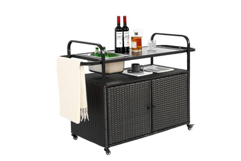 autolock Servierwagen Outdoor-Bartisch, Wicker-Barwagen mit Schrank,Patio Servierwagen, mit Stahlplatte,mit einem Eiskübel,abschließbare Räder,Seitenkorb von autolock