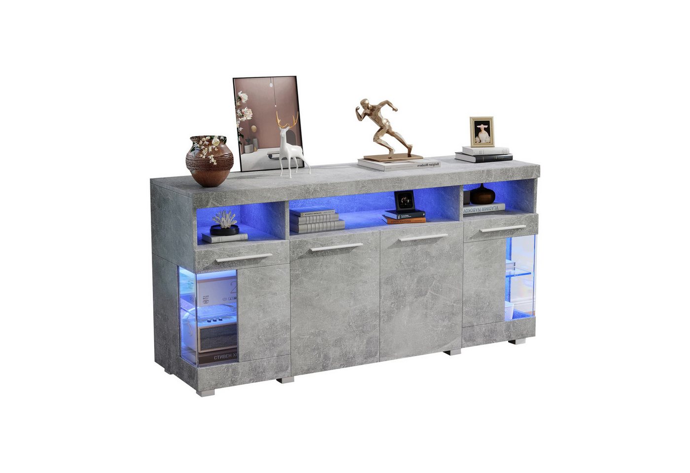 autolock Sideboard Breites Sideboard 140×40×70 cm (it LED-Beleuchtung und 3 Fächern aus gehärtetem Glas), Kommode für Wohnzimmer und Schlafzimmer von autolock