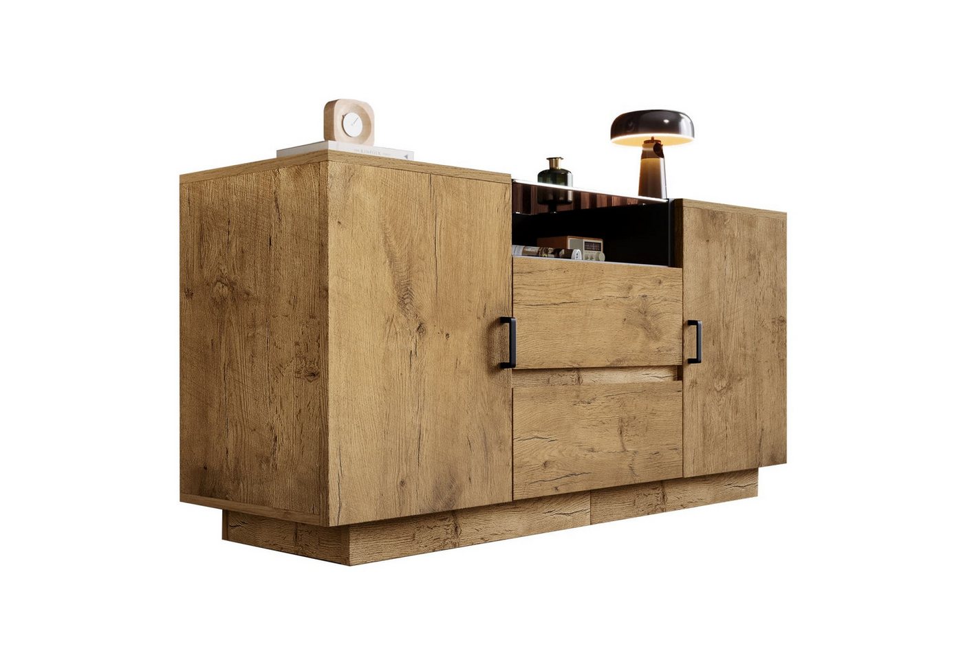 autolock Sideboard Eichenoptik Kommode Sideboard mit 2 Schubladen + 2 Schränken, innen höhenverstellbar,offenem Fach-ESG-Glas,H70/B140/T40cm von autolock