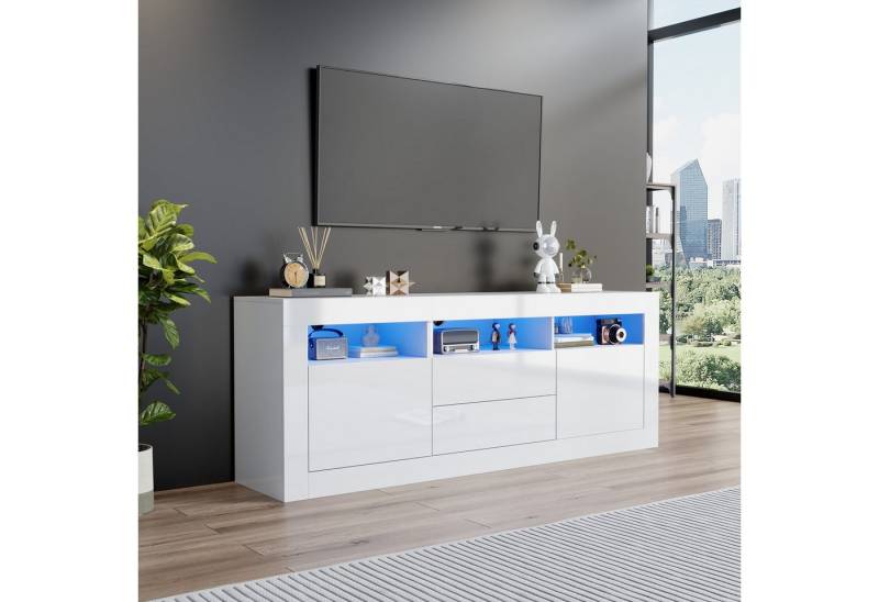 autolock Sideboard Hochglanz-TV-Schrank mit LED-Beleuchtung für 70-Zoll-Fernseher (3 offenen Fächern, 2 Türen, 2 Schubladen), Kommode Fernsehtisch Anrichte für Wohn- und Schlafzimmer von autolock