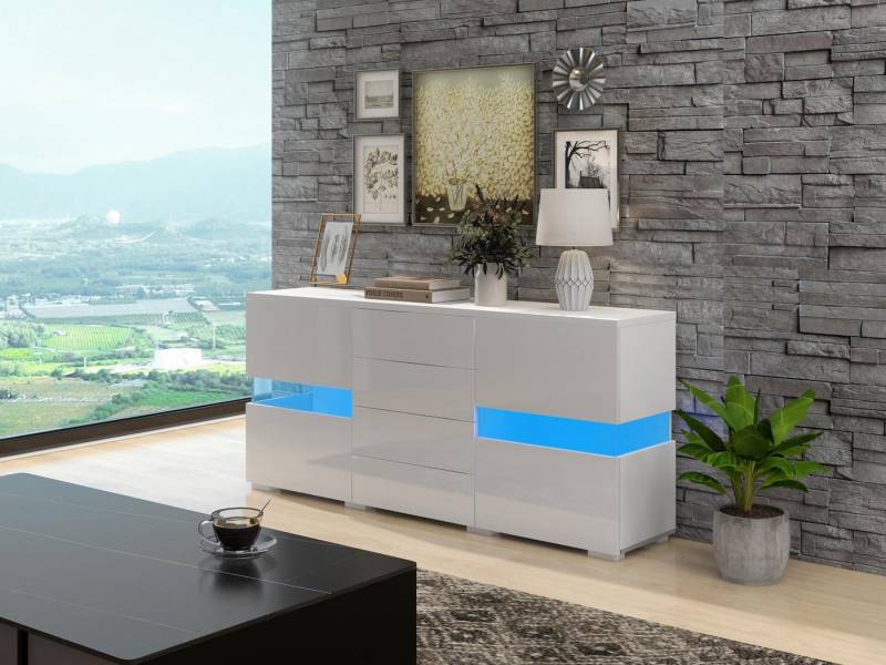 autolock Sideboard Hochglanz Weiß Kommode mit LED-Beleuchtung 2 Türen 4 Schubladen (Breite 140cm Schrank), Esszimmer Anrichte Küchenschrank Aufbewahrungsschrank von autolock