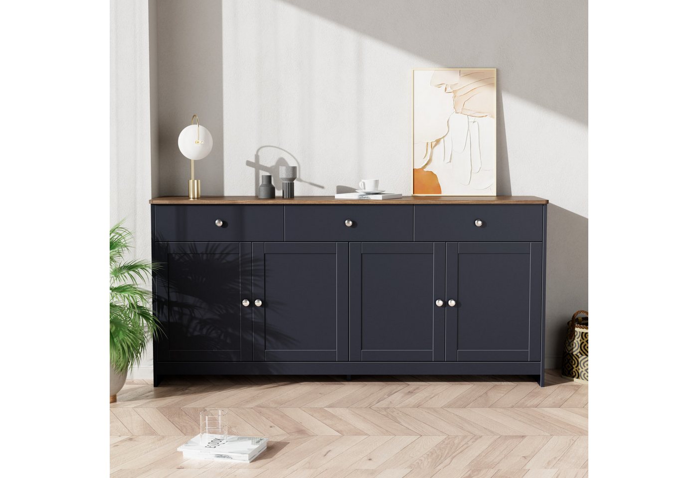 autolock Sideboard Kommode Anrichte mit Holzmaserung mit 4 Türen 3 Schubladen (160 x 37 x 75 cm), Schließfächer für Wohn- und Schlafzimmer von autolock