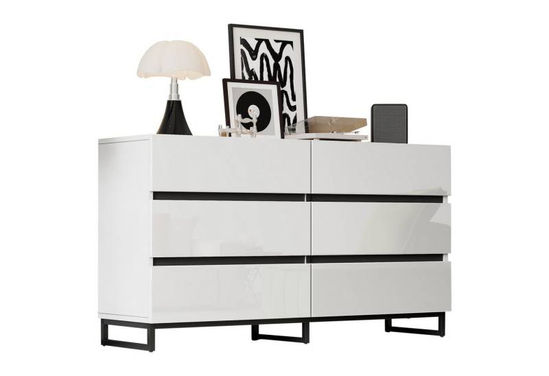 autolock Sideboard Kommode Hochglanz-Schrank mit 6 Schubladen, Metallfüße (140*39,5*78,5 cm), Wohnzimmerschrank Anrichte Küchenschrank Aufbewahrungsschrank von autolock