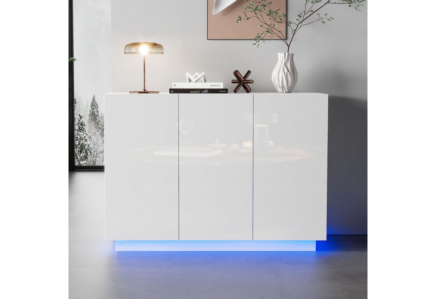 autolock Sideboard Kommode Hochglanz Sockel mit LED-Licht, Esszimmerschrank, Foyerschrank (120*40*75 CM), Esszimmer Anrichte Küchenschrank Aufbewahrungsschrank, weiße von autolock