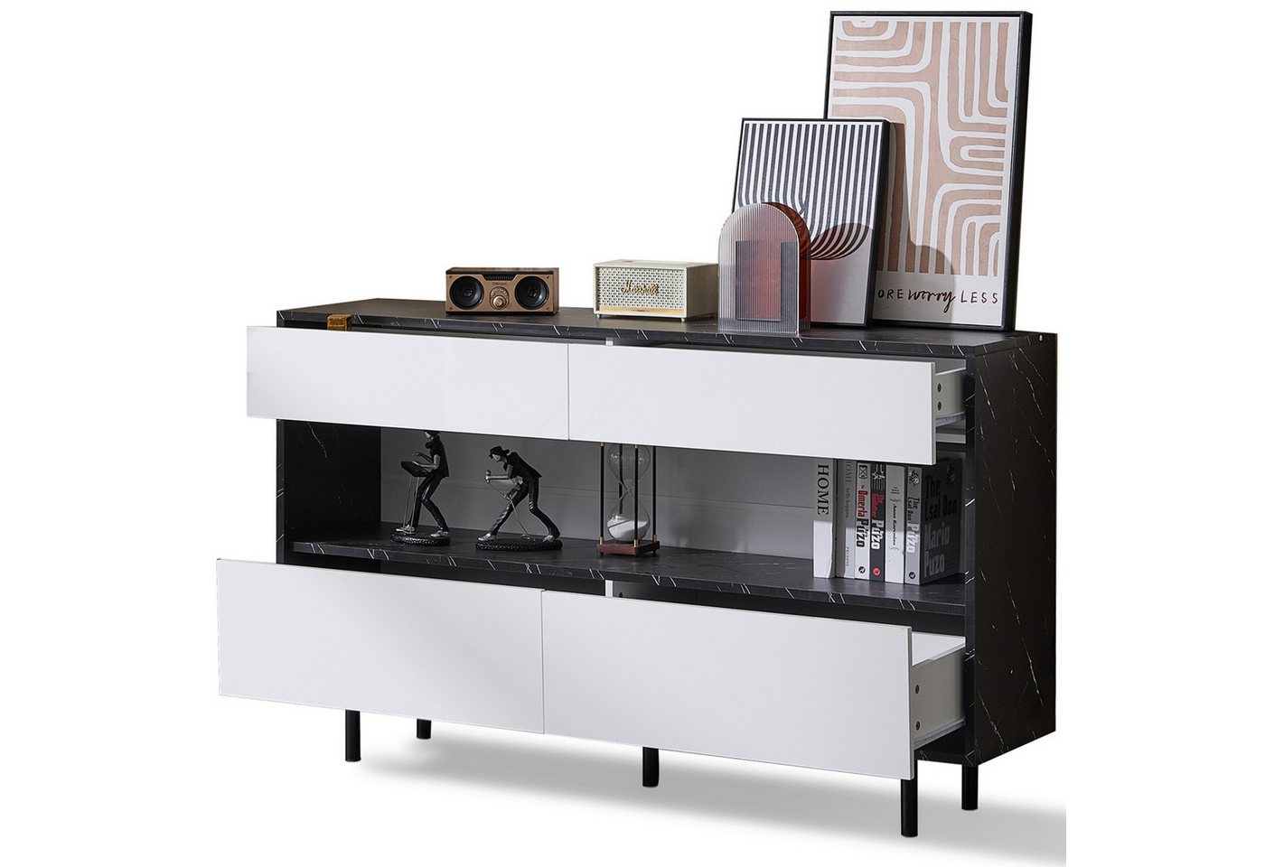 autolock Sideboard Kommode Küchenschrank in Marmoroptik mit LED-Beleuchtung (4 Schubladen offenem Stauraum Kippschutz, 150 x 35 x 89,5cm), Esszimmer Anrichte für Küche, Wohnzimmer von autolock