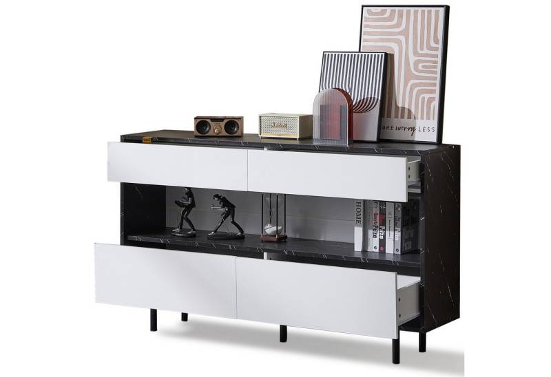 autolock Sideboard Kommode Küchenschrank in Marmoroptik mit LED-Beleuchtung (4 Schubladen offenem Stauraum Kippschutz, 150 x 35 x 89,5cm), Esszimmer Anrichte für Küche, Wohnzimmer von autolock
