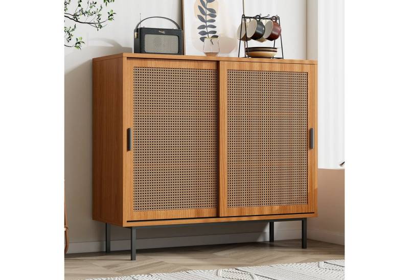 autolock Sideboard Kommode Küchenschrank mit 2 Rattan Schiebetüren, Verstellbare Ablage (100 × 90 × 37 cm B H T), Landhausstil Retro Beistellschrank für Wohnzimmer, Esszimmer von autolock