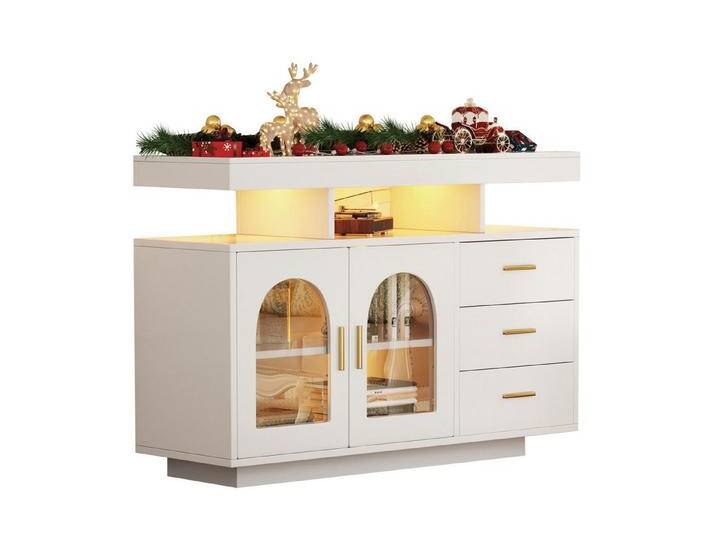 autolock Sideboard Kommode LED-Buffetschrank Kaffeebarschrank Hochglanz-Küchenschrank (120×40×80 cm), Schließfächer für Esszimmer Wohnzimmer, weiß von autolock