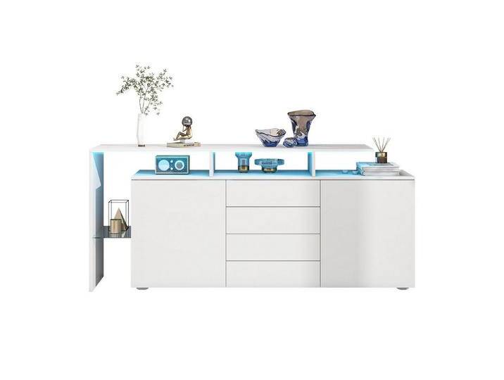 autolock Sideboard Kommode LED-Vitrine in Weiß Hochglanz mit LED (160 × 35 × 70 cm), TV-Schrank Wohnzimmerschrank Mit Push-Open-Schublade, weiß von autolock
