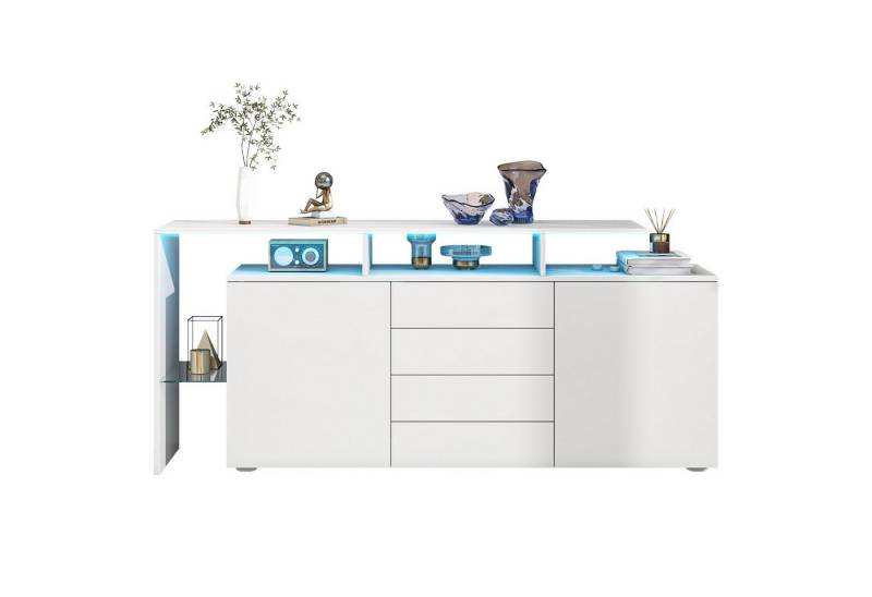 autolock Sideboard Kommode LED-Vitrine in Weiß Hochglanz mit LED (160 × 35 × 70 cm), TV-Schrank Wohnzimmerschrank Mit Push-Open-Schublade von autolock