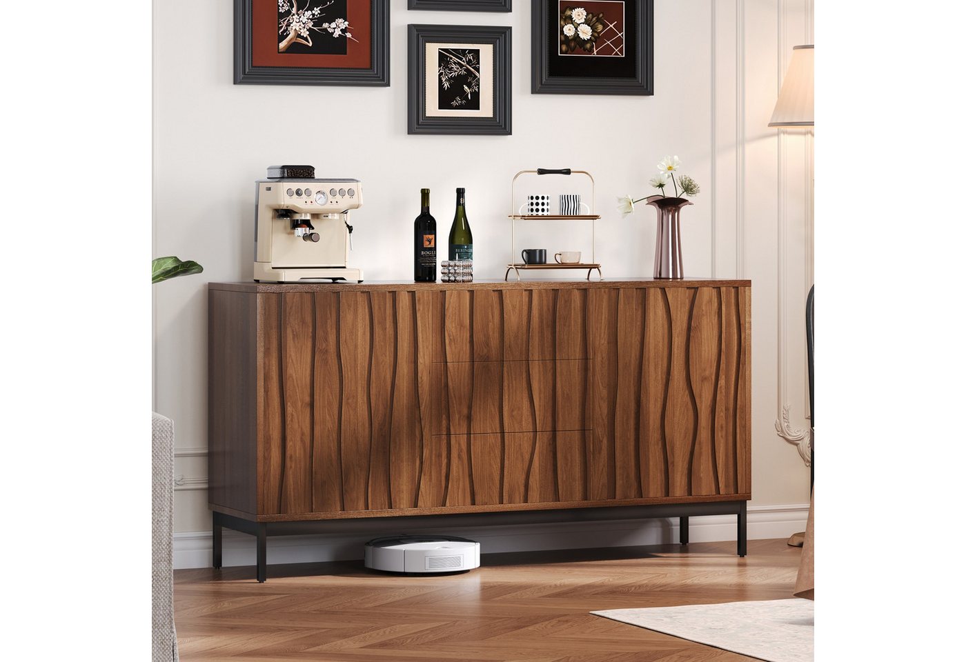 autolock Sideboard Kommode Schrank Eiche dunkel gemasert, 3 Schubladen 2 Türen (150 x 40 x 80 cm), Esszimmer Anrichte Küchenschrank Aufbewahrungsschrank von autolock