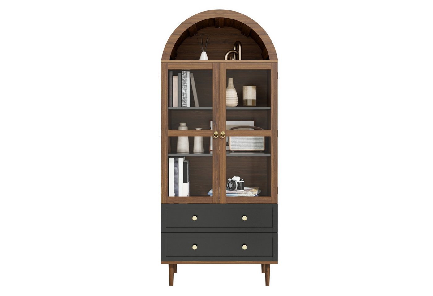 autolock Sideboard Kommode Vitrine Highboard in Nussbaum mit gewölbter Tür, Goldgriffe (70x38x165 cm), Retro Standvitrine Bücher mit Glastüren verstellbaren Einlegeböden von autolock