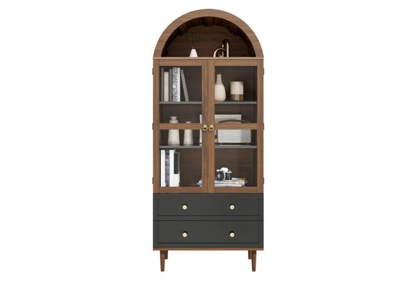 autolock Sideboard Kommode Vitrine Highboard in Nussbaum mit gewölbter Tür, Goldgriffe (70x38x165 cm), Retro Standvitrine Bücher mit Glastüren verstellbaren Einlegeböden von autolock