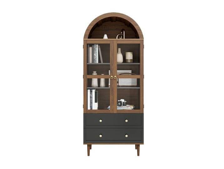 autolock Sideboard Kommode Vitrine Highboard in Nussbaum mit gewölbter Tür, Goldgriffe (70x38x165 cm) von autolock