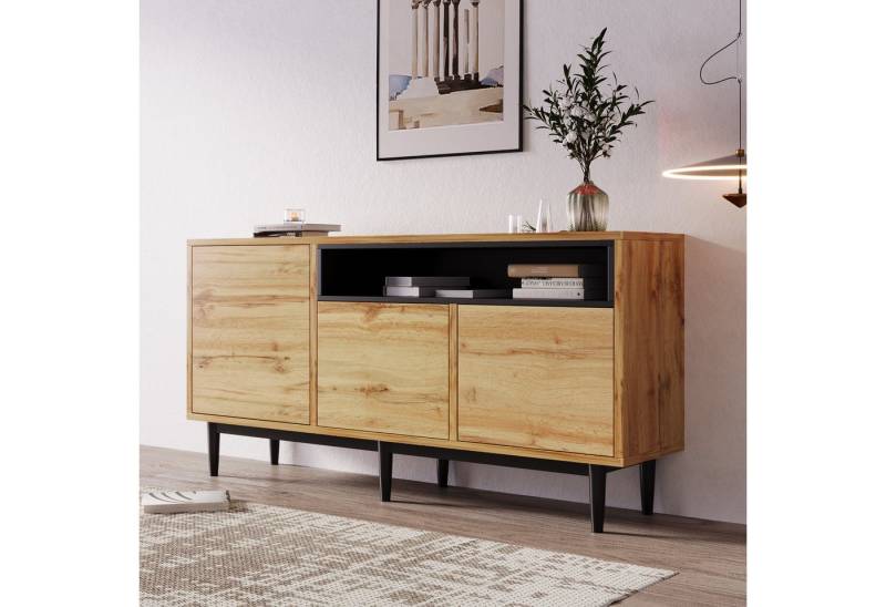 autolock Sideboard Kommode aus Holz mit 3 Türen und verstellbare Regalen 160 x 35 x 76 cm, Anrichte Küchenschrank für Wohn- und Schlafzimmer, Esszimmer von autolock