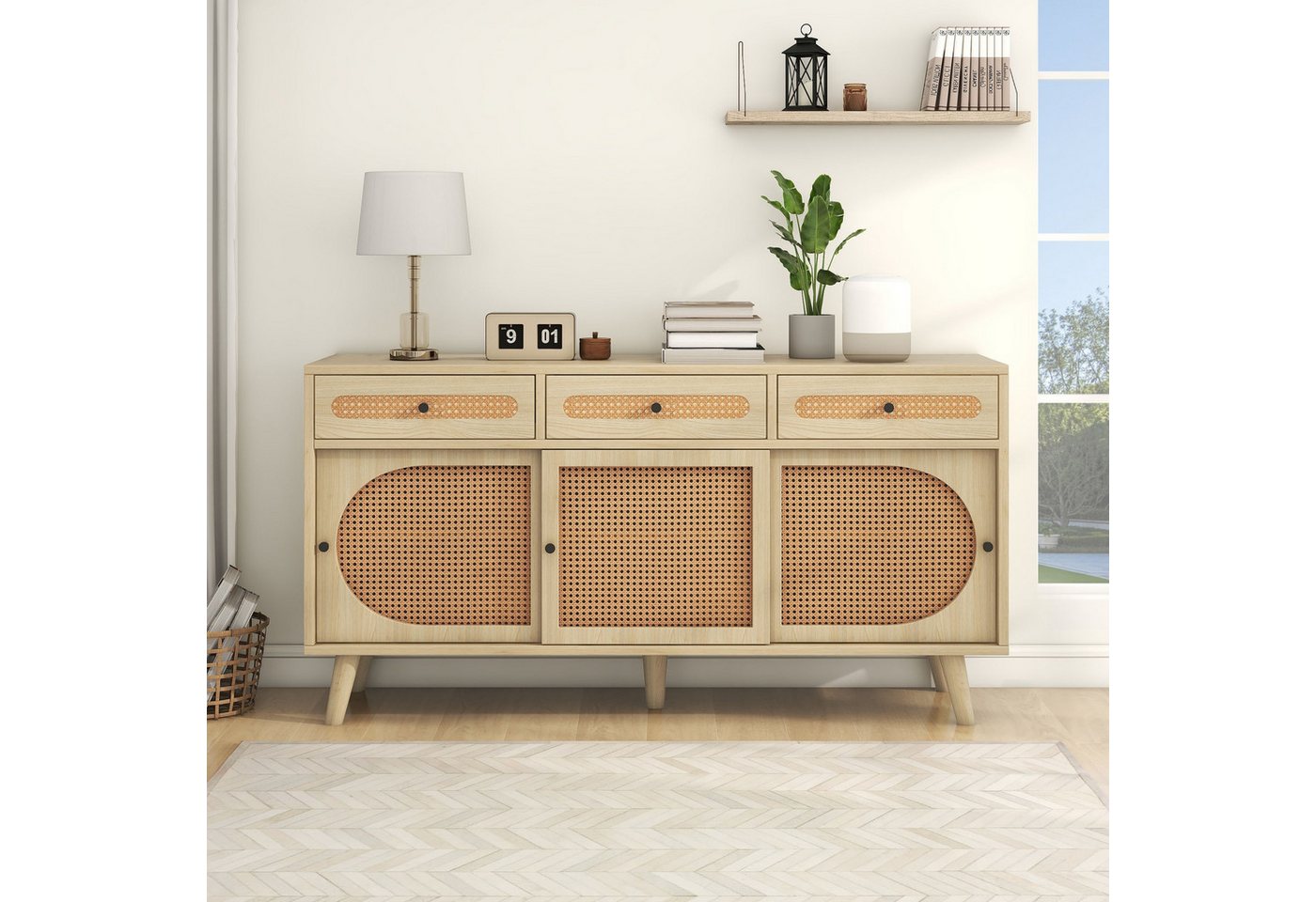 autolock Sideboard Kommode aus Holz mit Rattantür & verstellbaren Einlegeböden (140 × 40 × 78 cm 3 Schiebetüren 3 Schubladen), Anrichte Küchenschrank Aufbewahrungsschrank von autolock
